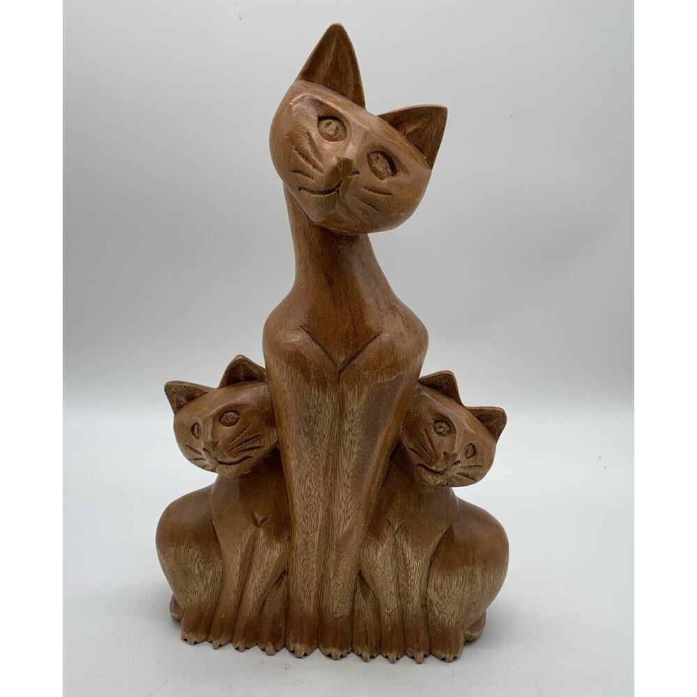 Vintage MCM Carved Solid Wood Cat Trio Cat Sculpture Mom Cat and Two babies 12”